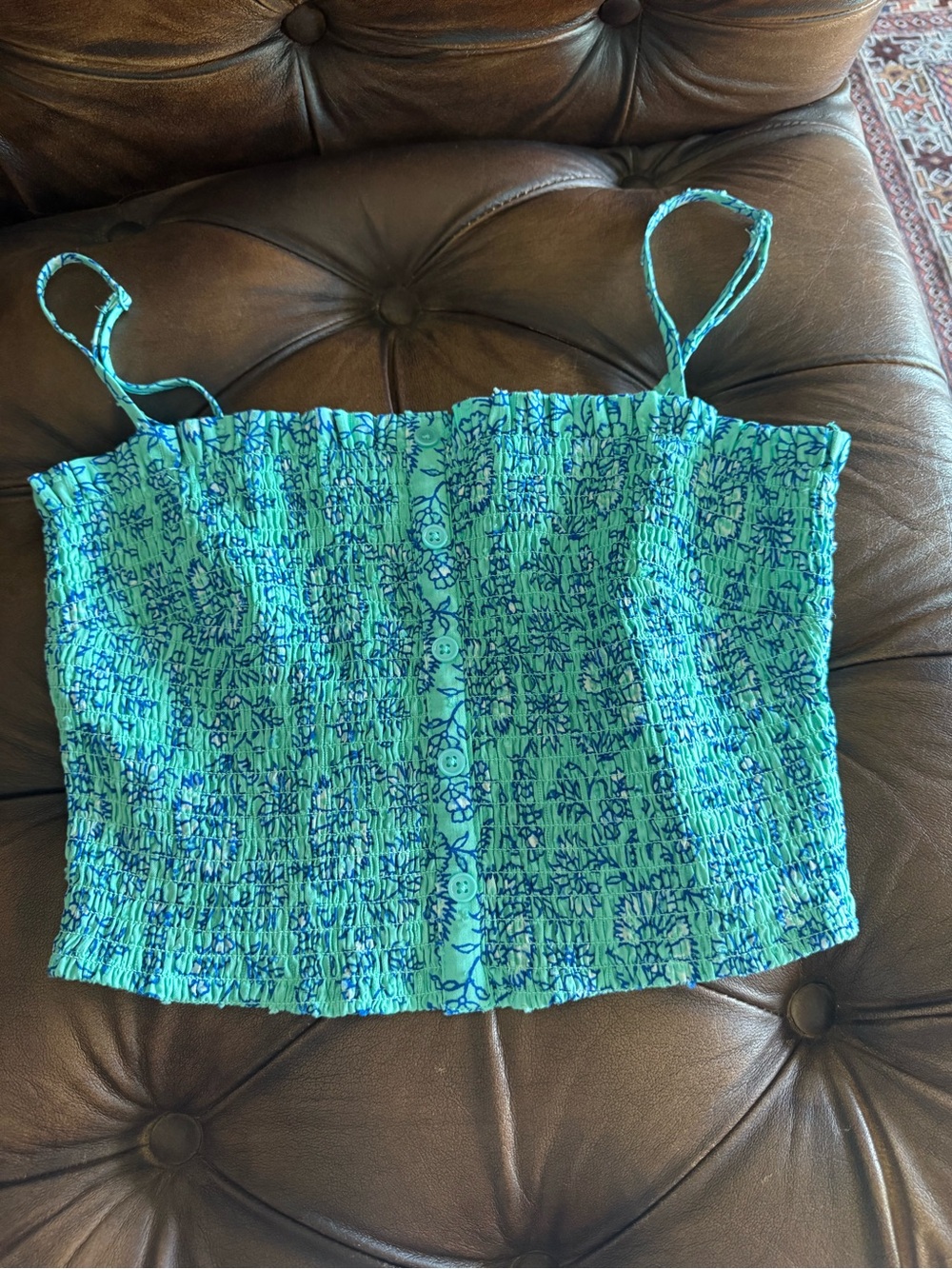 Roller Rabbit Teal and Blue Smocked Cami Crop Top